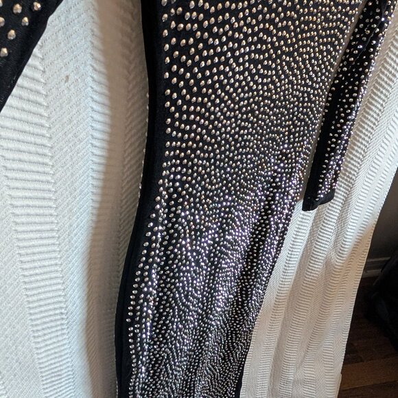 Banjul Black Rhinestone Beaded Long Sleeve Bedazzled Bodycon Midi Dress Medium - Picture 12 of 16